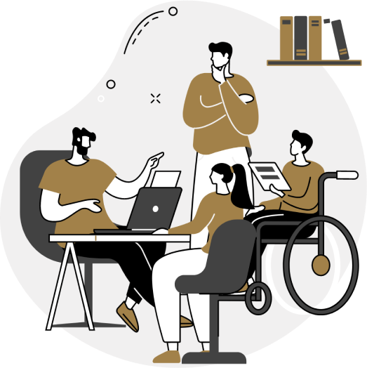 Inclusive team discussing project at a desk.