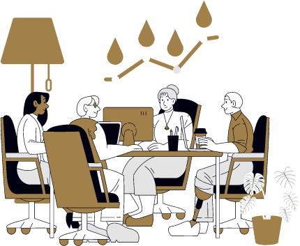 Team meeting with data chart on wall