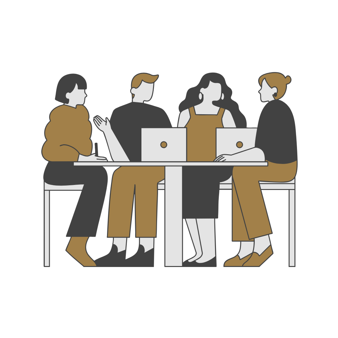 Illustration of four people working together at table.