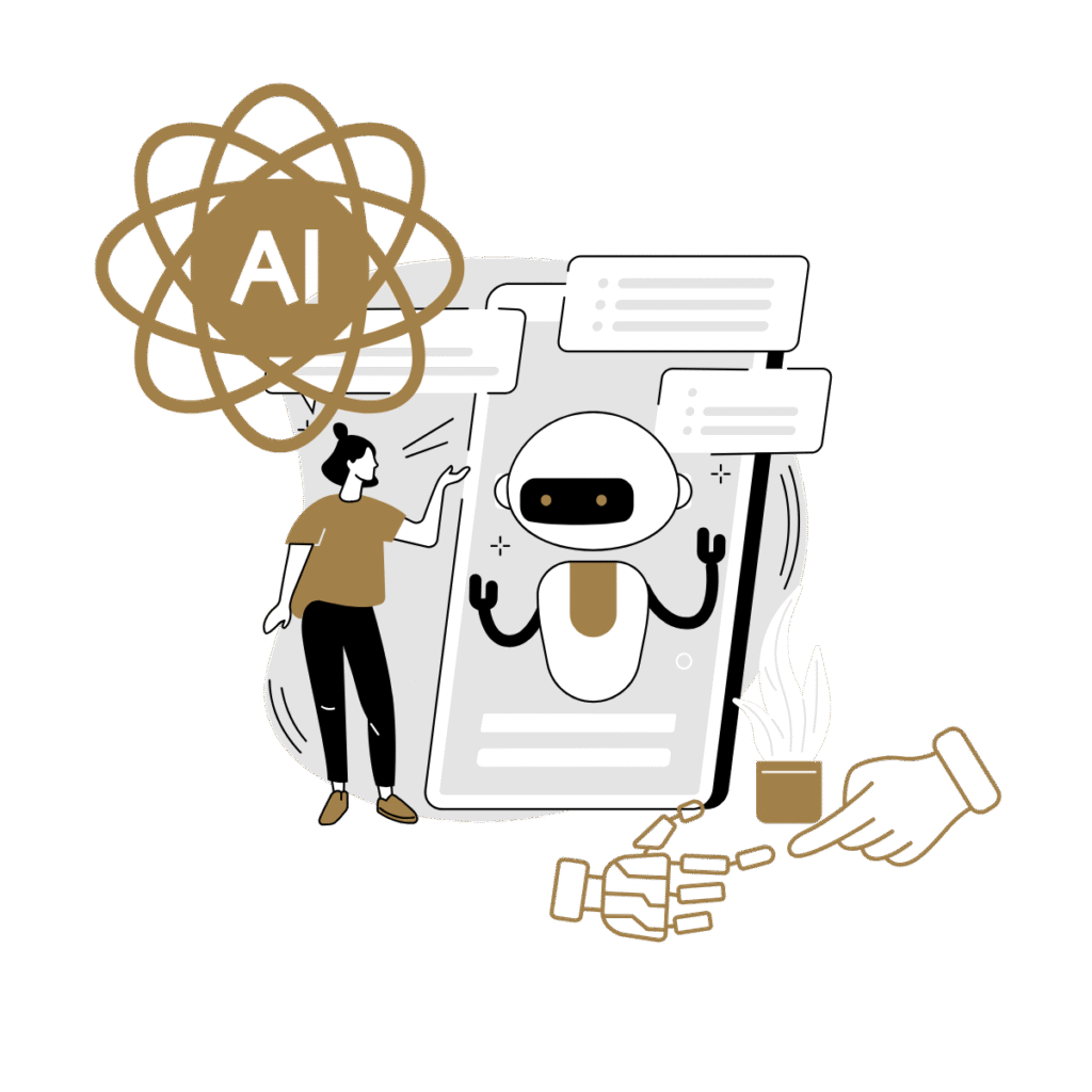 Person interacting with AI robot illustration.