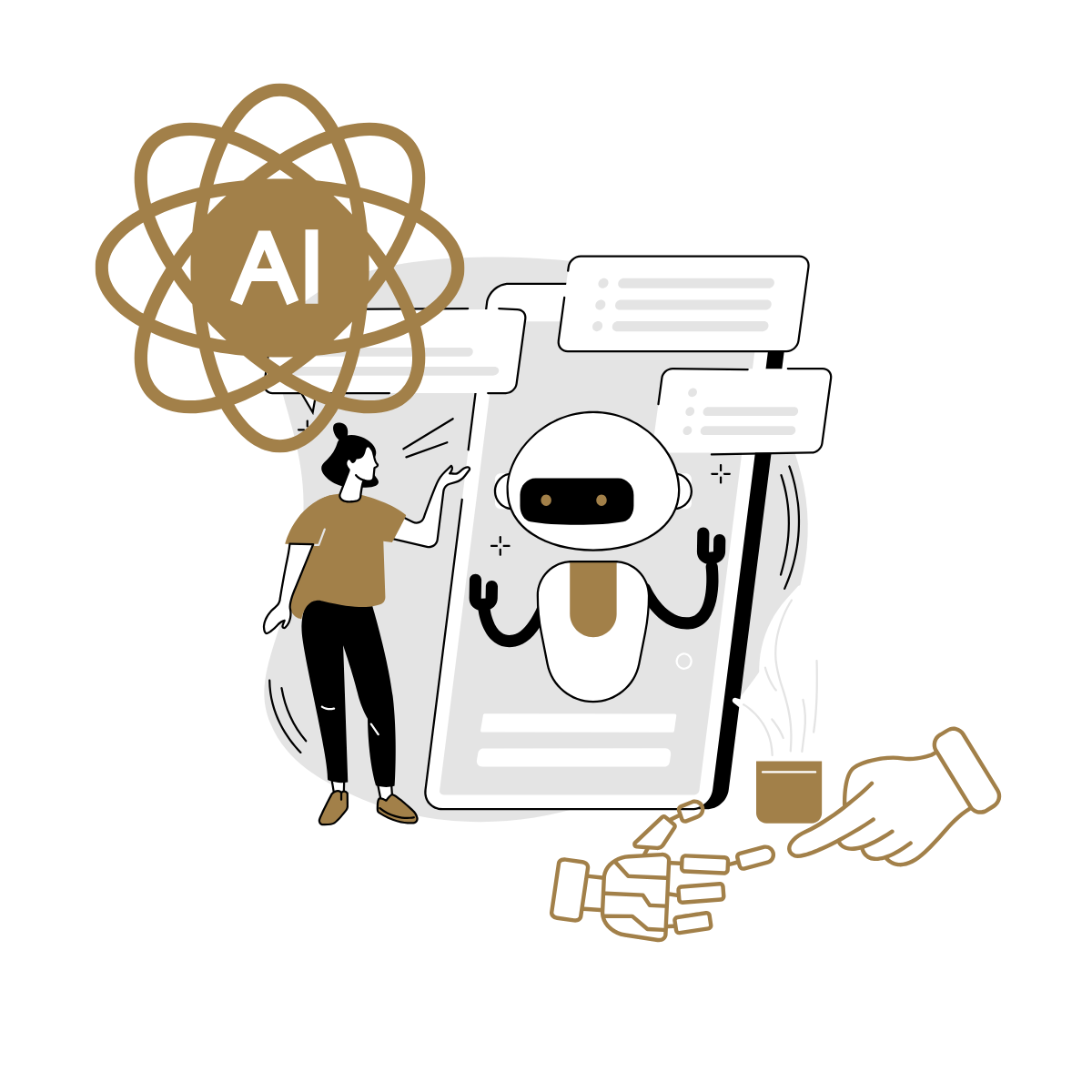 Person interacting with AI robot illustration.