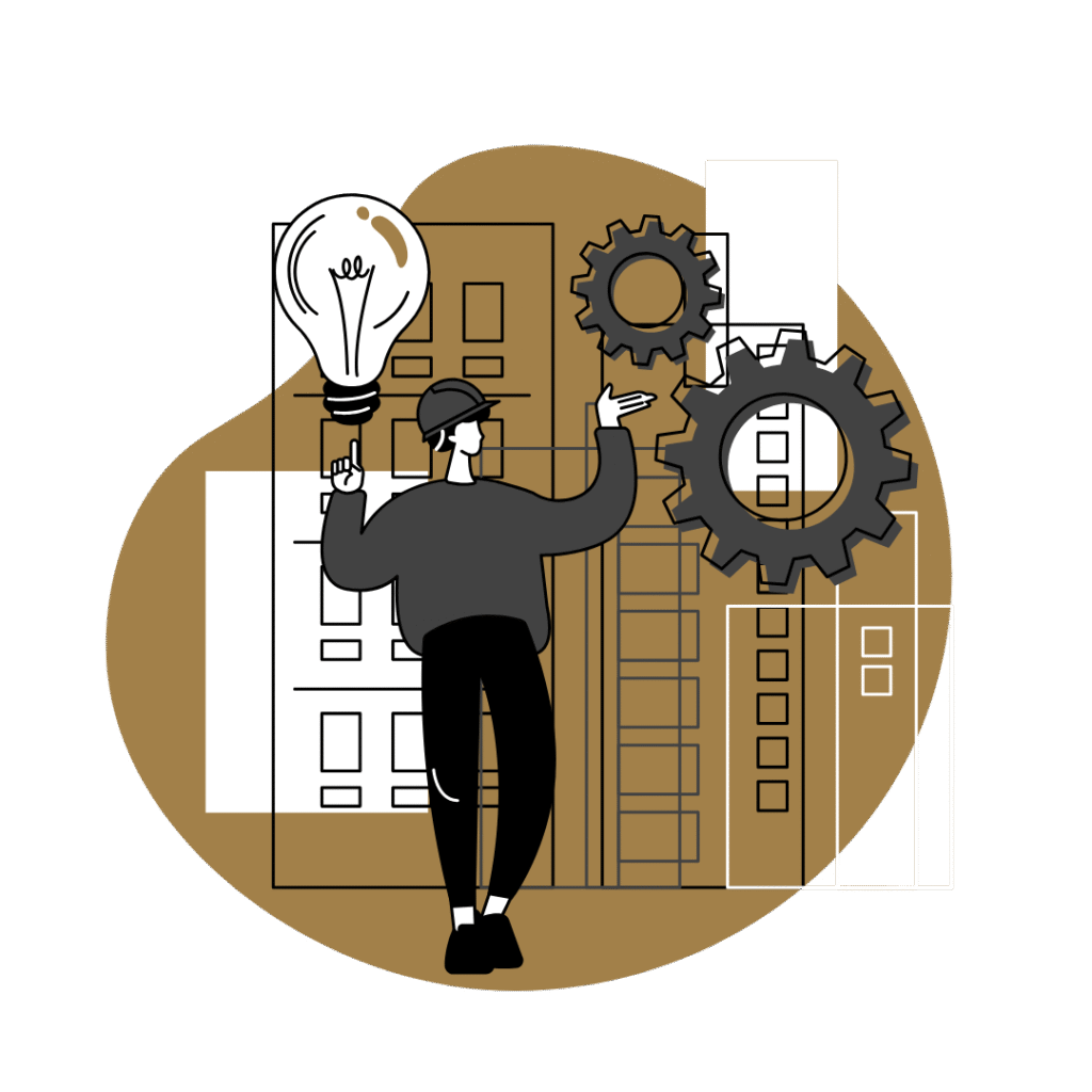 Illustration of innovation with lightbulb and gears.