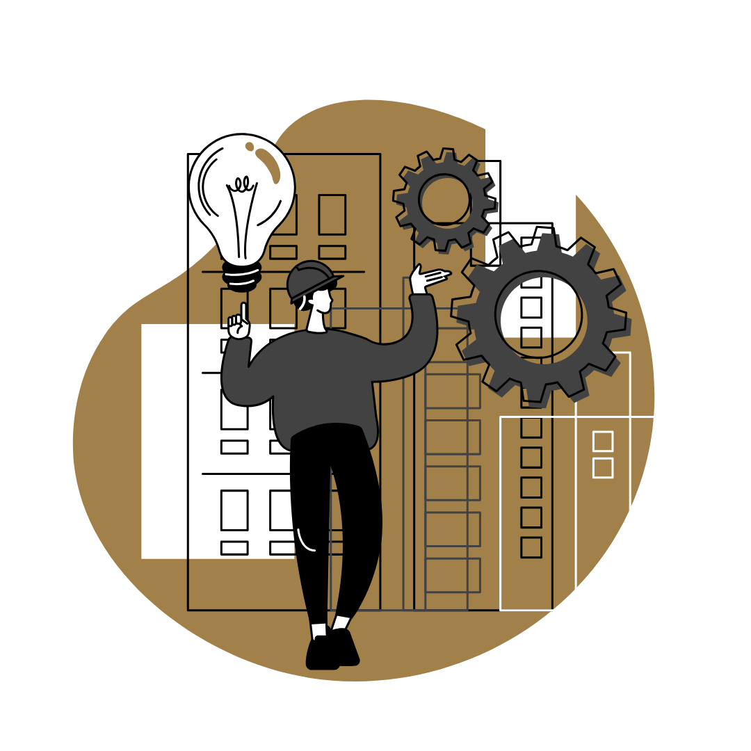 Illustration of innovation with lightbulb and gears.