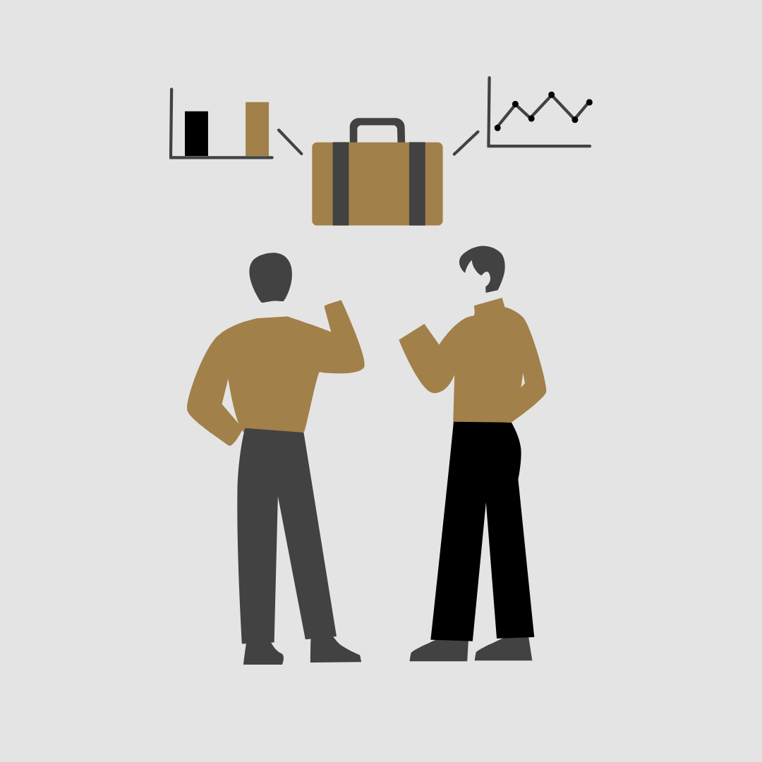 Two people discussing business strategy graphs