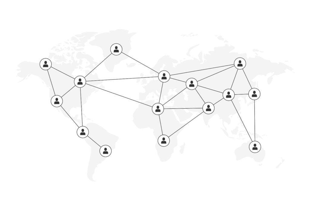 Global network of connected people icons.