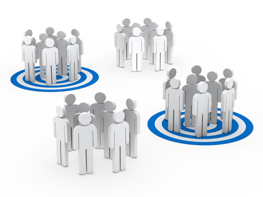 Groups of people standing on target symbols.