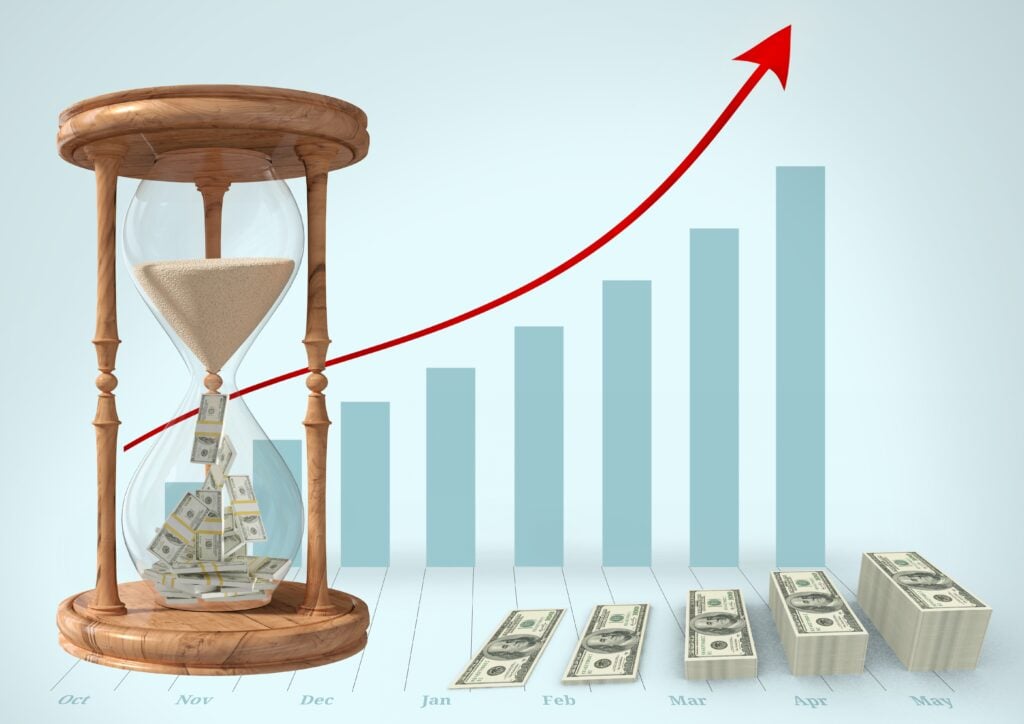 Hourglass and graph showing financial growth and money.