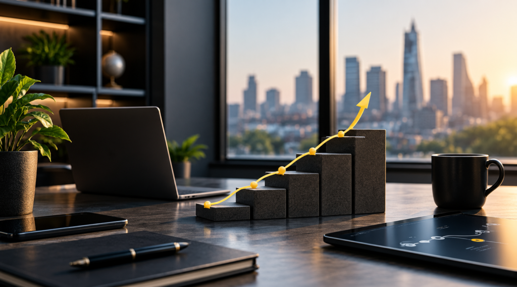 Office desk with growth chart, city skyline view.