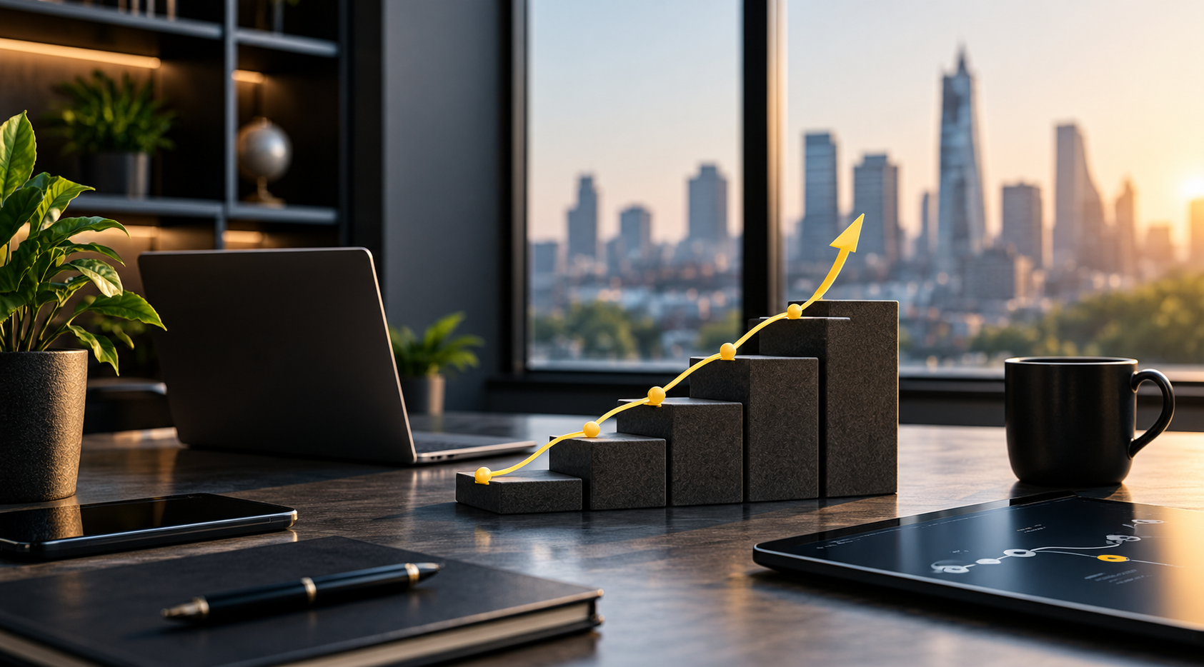 Office desk with growth chart, city skyline view.