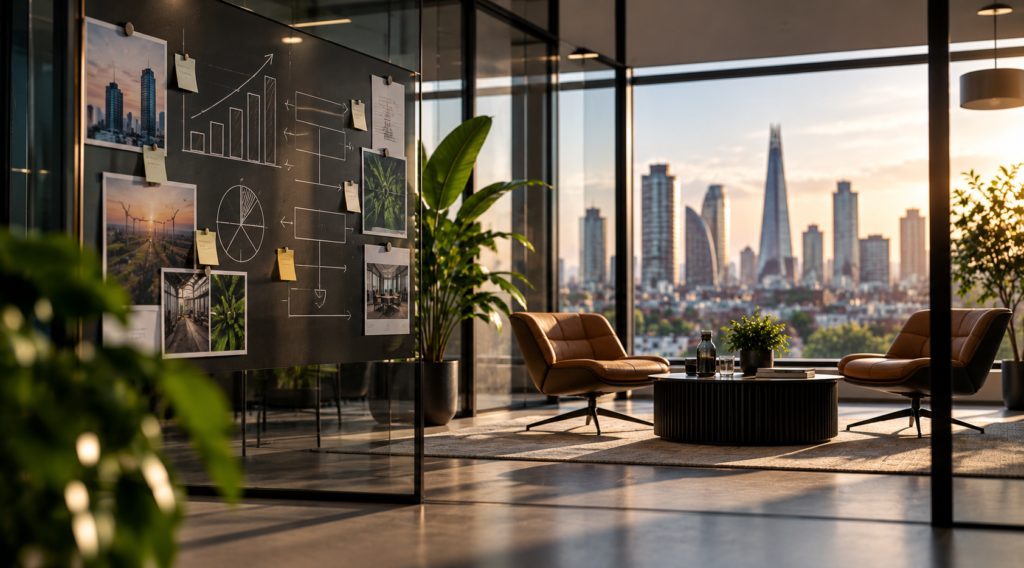 Modern office with city skyline view at sunset.
