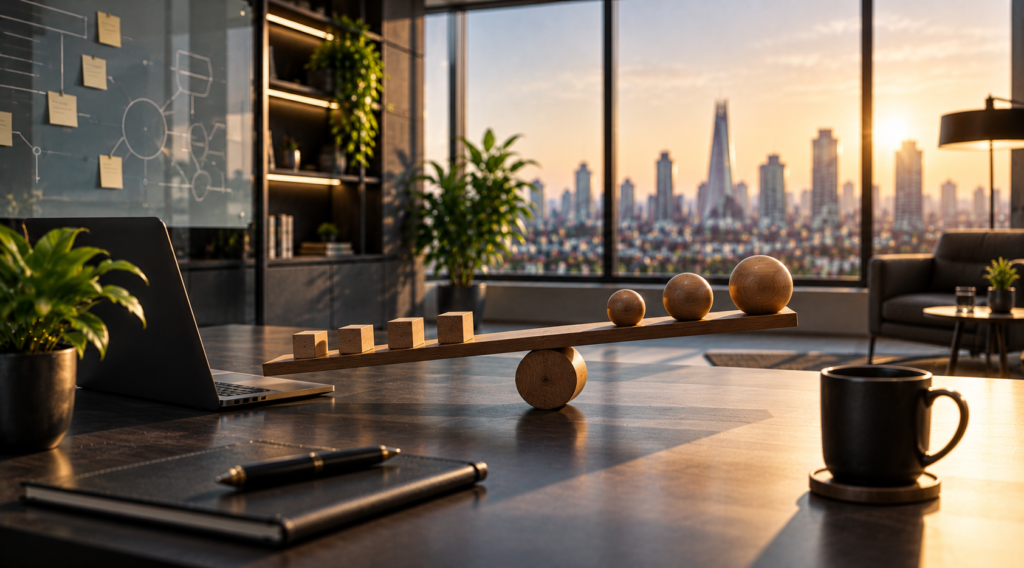 Office decor with wooden balance sculpture and city view.
