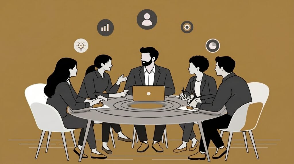 People in a business meeting with icons above.